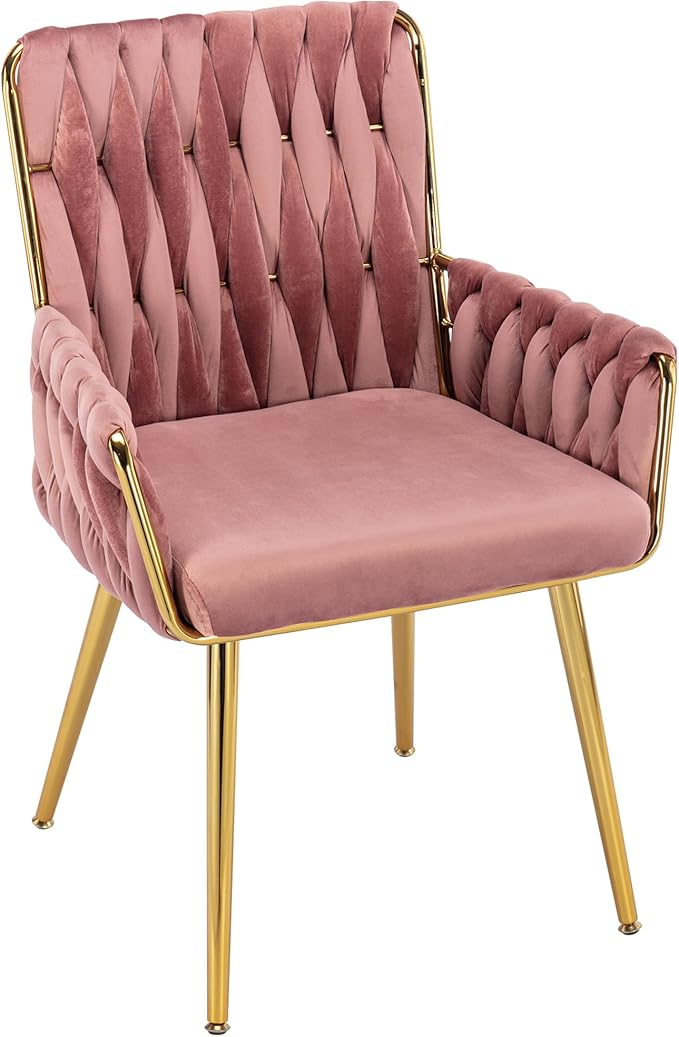 Westice Home Office Desk Chair, Upholstered Hand Weaving Desk Chairs with Golden Metal Legs & Armrest, Modern Accent Chairs for Living Room, Vanity Makeup Room, Rose Red