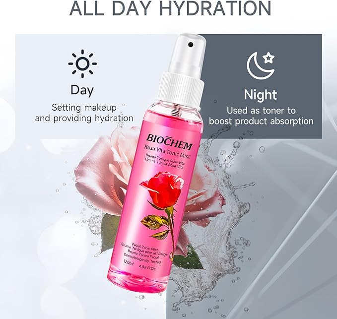 BIOCHEM Rosa Vita Tonic Mist – 3-in-1 Rose Water Toner, Face Mist & Makeup Finishing Spray with Rose Oil & Vitamins B |  Hydrating & pH Balancing Mist for All Skin Types (4.05 fl oz / 120 mL)