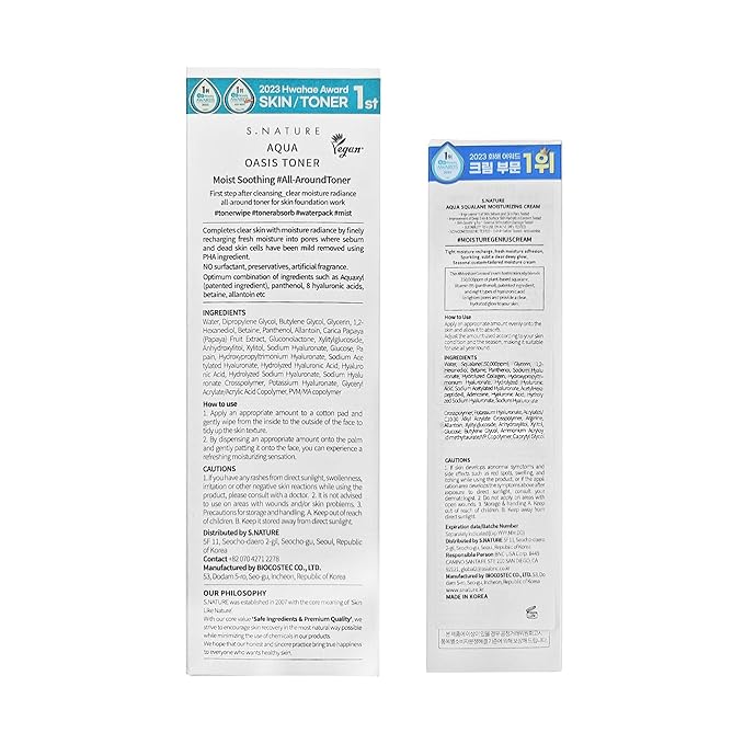 S.NATURE Skin Hydrating Duo : Aqua squalane cream 60ml + Aqua Oasis Toner 300ml, Pore-Tightening, Calming Skin, Skin Moisturizer, Korean Skin Care
