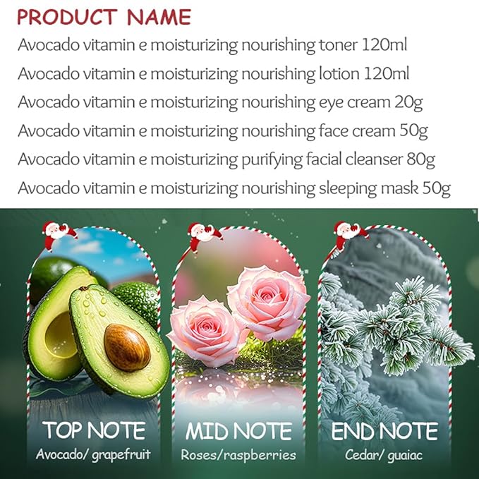 Christmas Avocado Skincare Gift Set, 6pcs Deep Moisturizing Skin Care Kit with Facial Cleanser, Toner, Lotion, Face Cream, Eye Cream, Sleeping Mask For Women Teen Girls