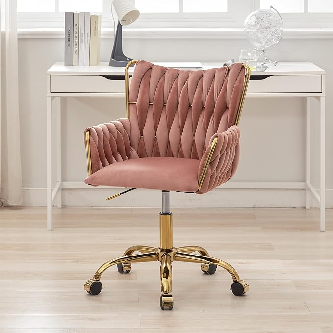 ABET Velvet Desk Chair with Wheels, Cute Upholstered Swivel Office Chair, Modern Gold Rolling Hand Woven Height Adjustable Armchair for Women Girls Home Makeup, Vanity, Nail Salon, Rose Red