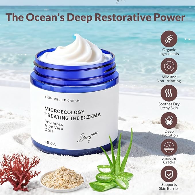 Crogooe Natural Soothing Eczema Cream for Dry & Itchy & Sensitive Skin - Fragrance-Free Moisturizer with Sea Moss, Aloe Vera & Oats for Intense Hydration & Comfort ，Safe for All Ages (4 oz)