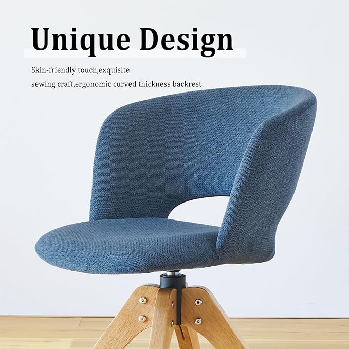 Mid Century Modern Swivel Accent Chair with Solid Wood Legs, Home Office Desk Chair No Wheels, Makeup Chair for Vanity, Upholstered Chair for Bedroom, Blue