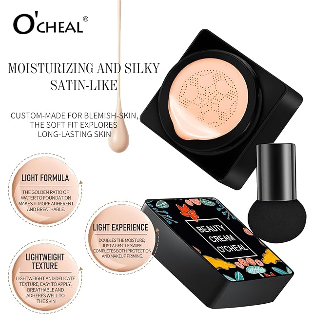 O'CHEAL Mushroom Head Air Cushion CC Cream,BB Cream Foundation Cream for Face Makeup Concealer Cushion for Face Comestics Make Up Long-Lasting Cushion Compact 02#NATURAL