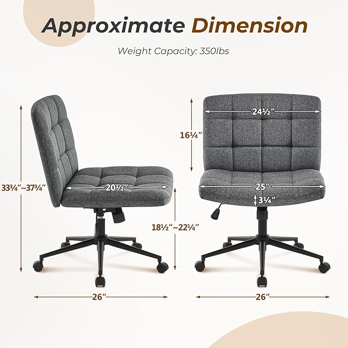 Furnimart Criss Cross Desk Char Wide Seat with Wheels, 360° Swivel Cross Legged Desk Chair Thick Cushion, Comfy Armless Home Office Chair for Bedroom, Vanity, Sturdy (Linen Gray)