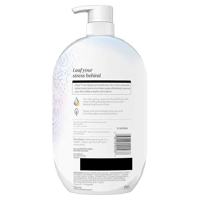 Olay Body Wash for Women, Fresh Radiance, 24/7 Skin-Loving Freshness, Visibly Radiant, Plant Based Cleansers, Vitamin B3 & Antioxidant Blend, For All Skin Types, Birch Water & Lavender Scent, 35 fl oz