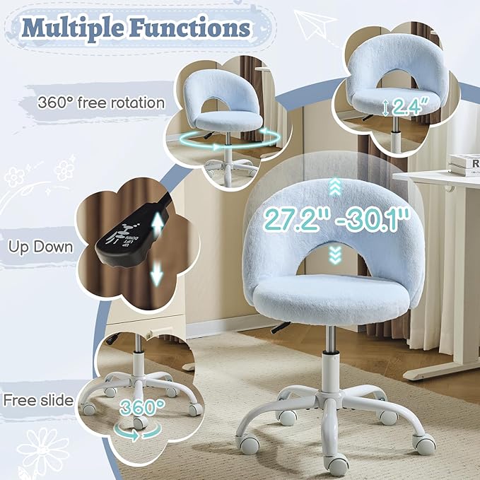 VINGLI Small Vanity Chair with Faux Fur Wheels for Girls,Cute Adjustable Height Armless Office Desk Chair,360°Swivel Comfy Rolling for Study,Make up Room,Small Space,Blue