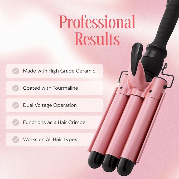 Alure Three Barrel Curling Iron Wand with LCD Temperature Display - 1 Inch Ceramic Tourmaline Triple Barrels, Dual Voltage Crimping Tool, Best Hair Waver for Beachy/Frizz Free Waves (Rose Gold)