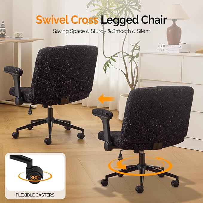 VINGLI Criss Cross Chair with Adjustable Flip-Up Arms,Cross Legged Chair with Wheels,Extra Wide Office Chair,Desk Chair for Home Office,Vanity,Bedroom, Apartment,Starry Chenille,Black