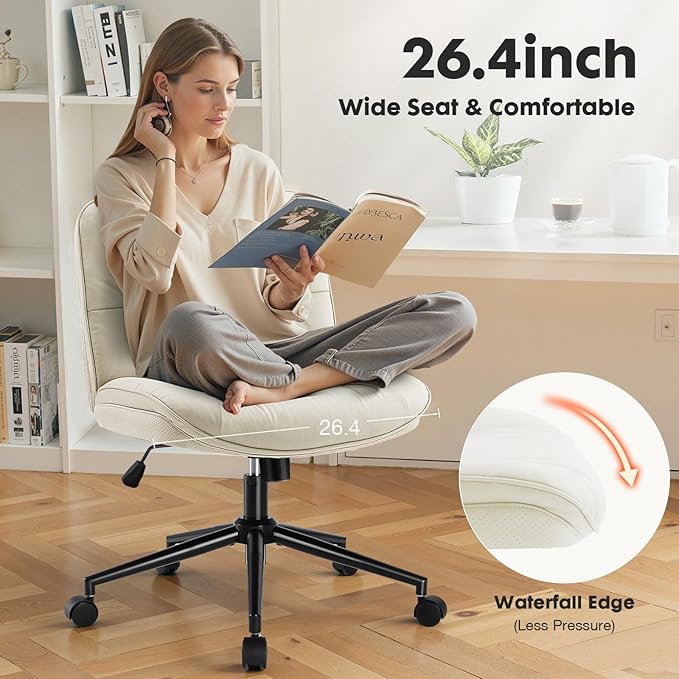 Sweetcrispy Criss Cross Chair with Wheels, Wide Seat PU Leather Armless Office Desk Vanity Chair, Comfortable Adjustable Swivel Computer Task Chairs for Bedroom, Small Space Make Up, Light Beige