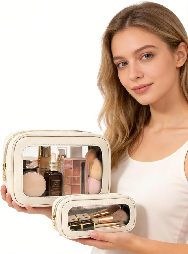 2Pcs Clear Makeup Bags Set, Clear Travel Makeup Brush Holder Leather Makeup Case Toiletry Bag with Zipper Portable Cosmetic Pouch Waterproof Makeup Brush Storage Bag Car Bag for Essentials (White Set)