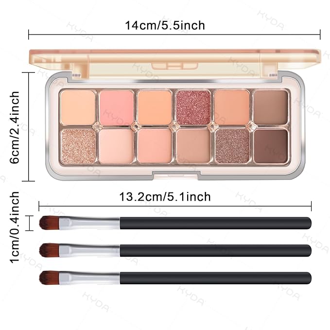 KYDA 12 Colors Peachy Cream Eyeshadow Palette with Brush, High Pigment Matte Shimmer Nude Eye Shadow, Netural Eyes Palette for Women, Soft Blendable Powder Eyeshadow, Korean Eyes Makeup