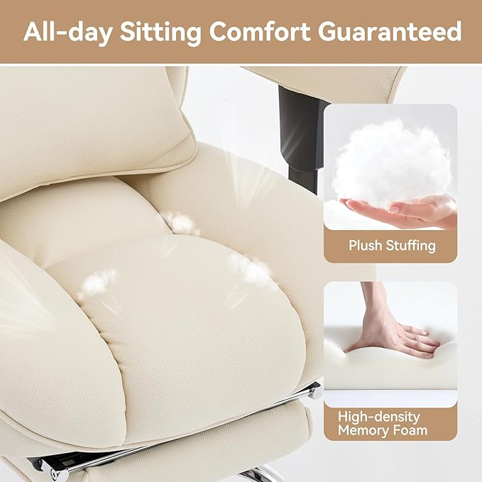 Efomao Big and Tall Office Chair with Footrest - Breathable Mesh Executive Chair, Heavy Duty Computer Desk Chair for Home Office, Ergonomic Lumbar Support & Reclining Mesh Gaming Chair, Beige