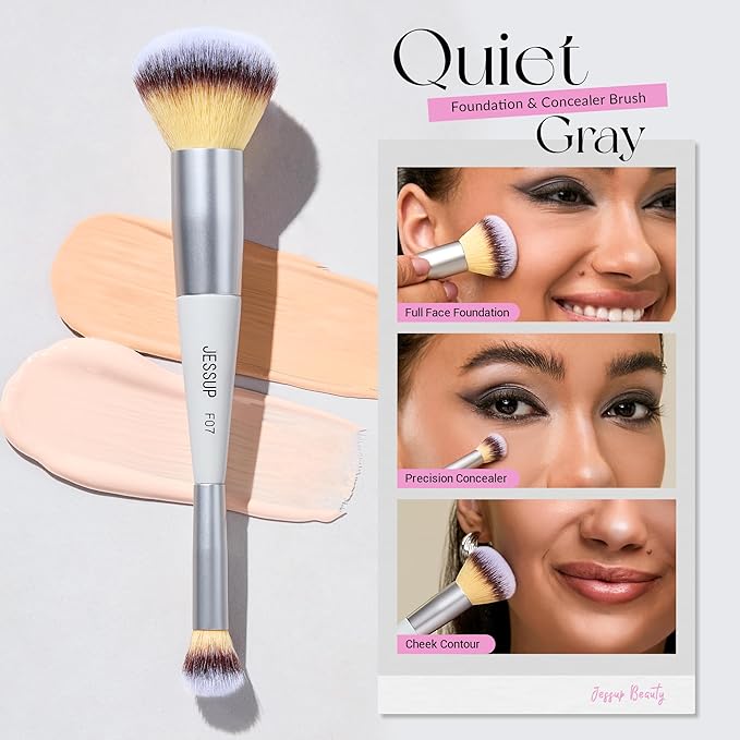 Jessup Face Makeup Brush Set 3pcs Double Sided Makeup Brushes for Foundation Contour Blush Highlight Concealer, Cruelty Free Cosmetic Tools Quiet Gray T521