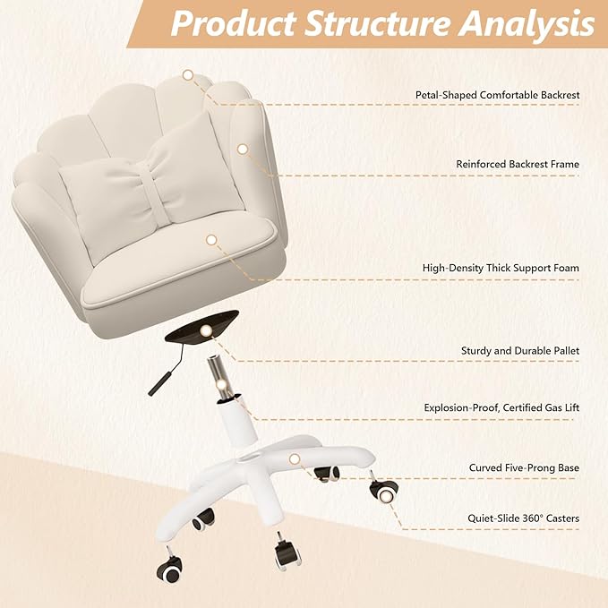 Home Office Desk Chair Swivel Rolling Vanity Chair with Silent Wheels and Comfortable Back, Adjustable Height Upholstered Computer Task Chair for Makeup, Bedroom