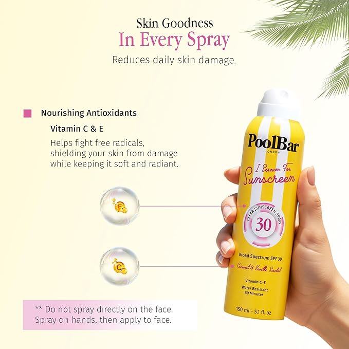 PoolBar SPF 30 Clear Sunscreen Spray – Broad Spectrum UVA/UVB Sun Protection Spray, Lightweight Non-Greasy Formula with Vitamins C and E – Reef Safe, Vegan, Cruelty-Free, Coconut Vanilla Scent
