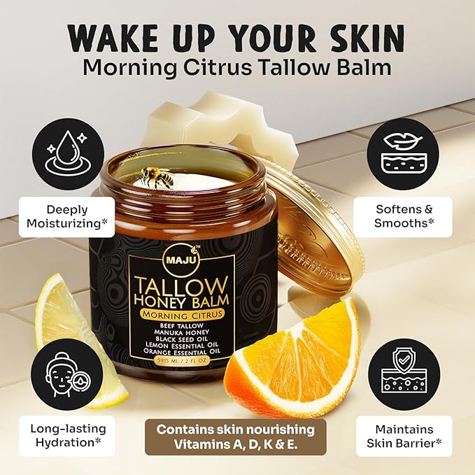 MAJU Tallow Honey Balm, Morning Citrus (2 oz), Grass Fed Beef Tallow for Skin with Organic Black Seed Oil, Manuka Honey and Organic Beeswax, Skin and Face Moisturizer for Deep Hydration