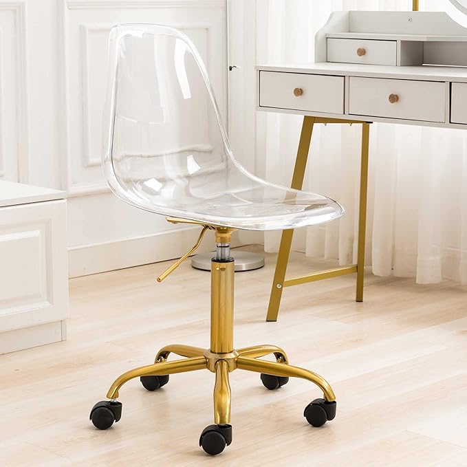 HOMEFUN Clear Desk Chair, Acrylic Rolling Armless Vanity Swivel Height Adjustable Ghost Molded Plastic Home Office Chairs with Golden Feet