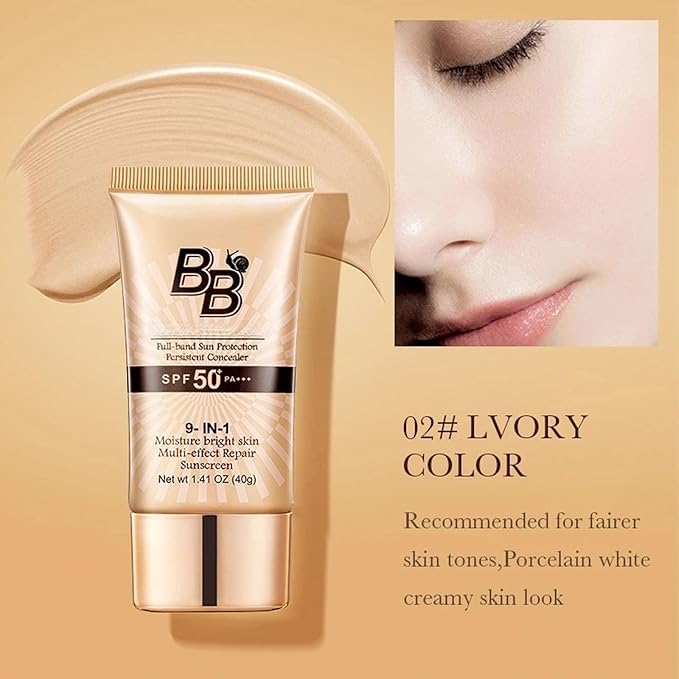 Skin-Nourishing All-in-One BB Cream Foundation – Tinted Moisturiser & Concealer, Natural Luminous Finish, Hydrating Formula (02)