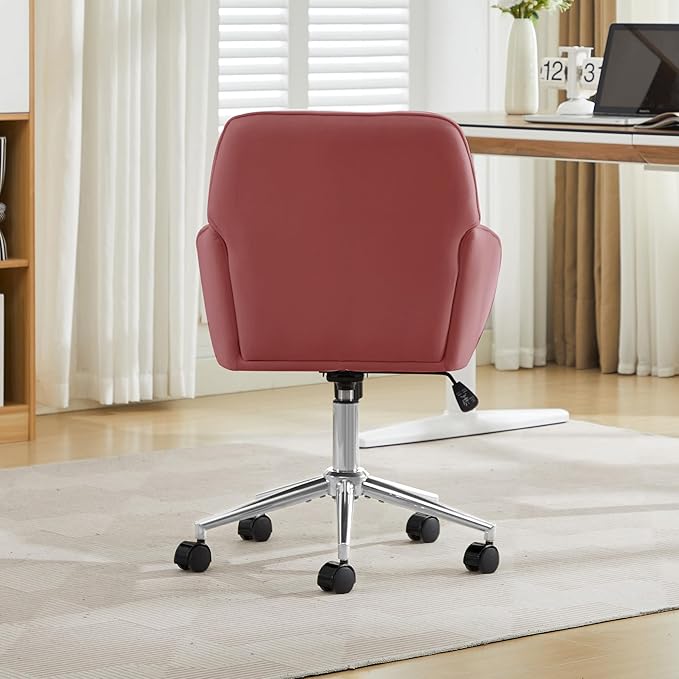 Velvet Home Office Desk Chair, Modern Cute Computer Task Chair with Back, Height Adjustable Upholstered Vanity Chair with Swivel Wheels for Women, Girls (Silver Base, Rose