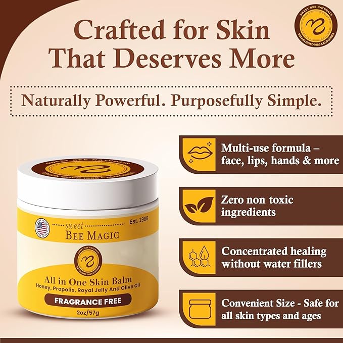 Sweet Bee Magic Organic Honey Bee Balm for Face, Skin & Body - All in One Honey Balm - Beeswax Body Moisturizer - All Natural Aid - 1 jar (2oz)