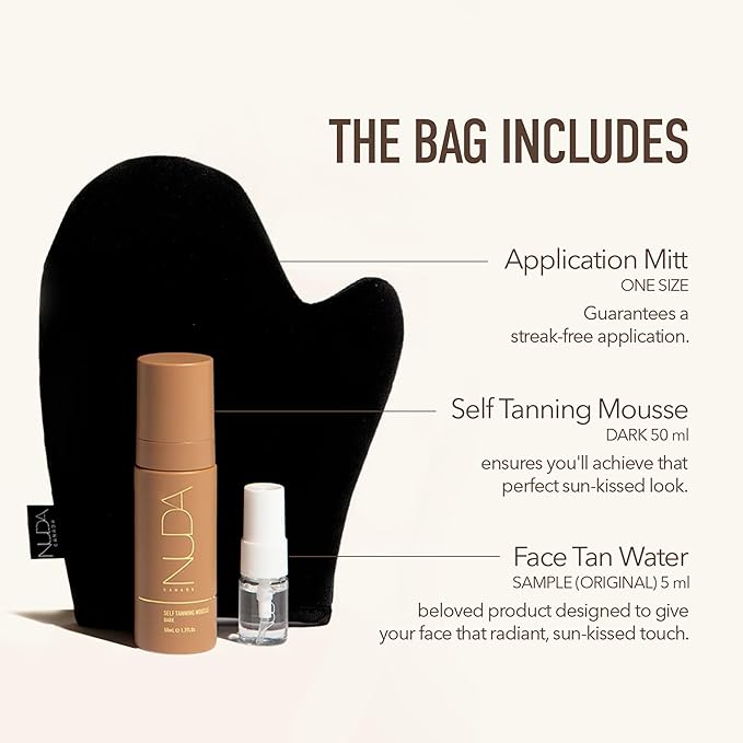 Nuda Glow On The Go Self Tan Travel Kit | Includes Self Tanner Mitt,1.69 Fl Oz Dark BronzeFoam Tanning Mousse & 0.19 Fl Oz CloudMist Face Tanner | Streak-Free Application | Head-to-Toe Sun-Kissed Look