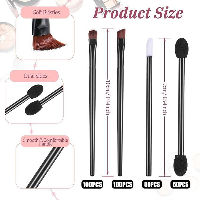 Giantree 300 Pcs Disposable Eyebrow Brushes Makeup Brush Set, 100PCS Angled Eyebrow Brushe 50 Round Brushes 50 Double-Ended Eyeshadow Sticks 100 Lip Brushe for Beauty Cosmetic Make up Tool