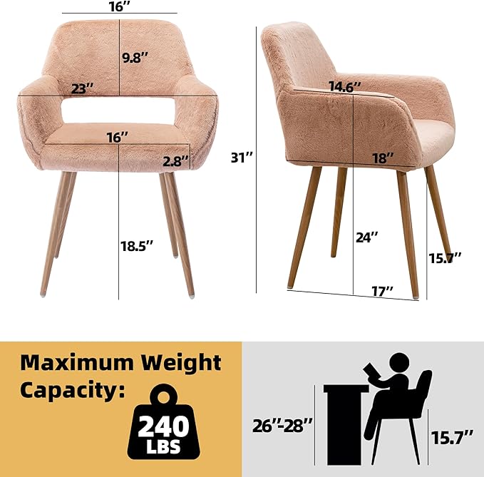 Furry Desk Chair Set of 2, Modern Home Office Chair Without Wheels, Faux Fur Vanity Chair with Hollow Backrest, Comfy Armchair Wood Frame with Strudy Metal Legs, Camel