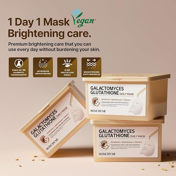 SOME BY MI Galactomyces Glutathione Daily Mask - 30 Sheets, 11.8Oz - Vitamin C Vegan Face Sheet Mask for Skin Brightening Routine - Skin Moisturizing and Glowing Care for Glass Skin - Korean Skin Care