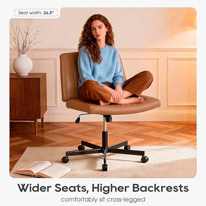 PayLessHere Criss Cross Chair Wide, Armless Office Desk Chair,Backrest Vanity Chair with Wheels 360 Swivel, Height Adjustable for Home Office, Home Office Brown