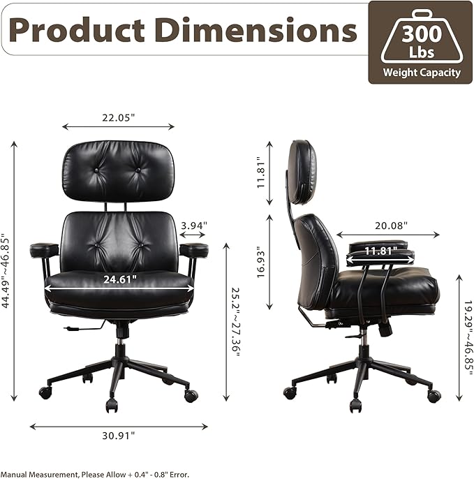 HOOOWOOO Ergonomic Office Chair,Mid Century Modern Computer Desk Chair,Comfy Executive Chair with Extra Wide Tufted Cloudy Seat Lumbar Support High Reclining Back,PU Faux Leather Black