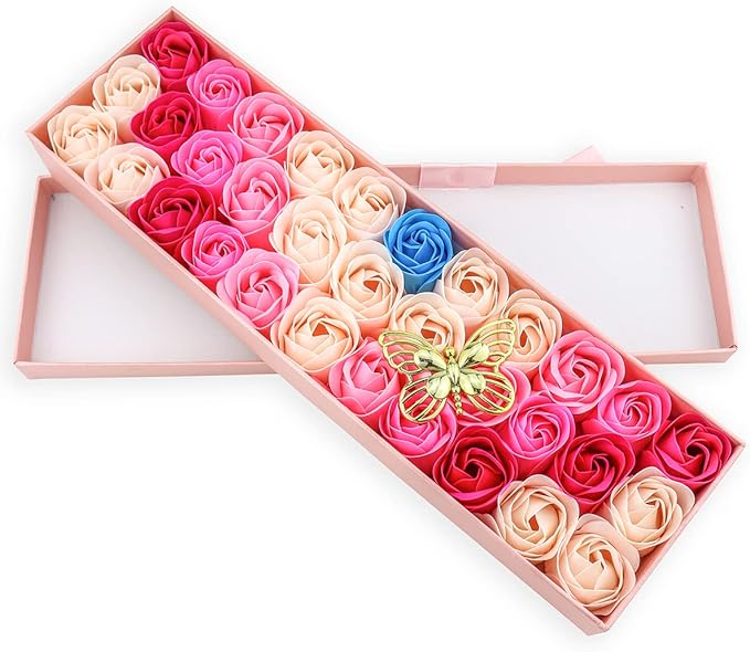 33 PCS Floral Scented Bath Soap Rose Flower Petals, JIALEEY Plant Essential Oil Rose Soap Set Gifts Ideas for Her Women Girls Mom Valentine's Day, Pink Gift Box