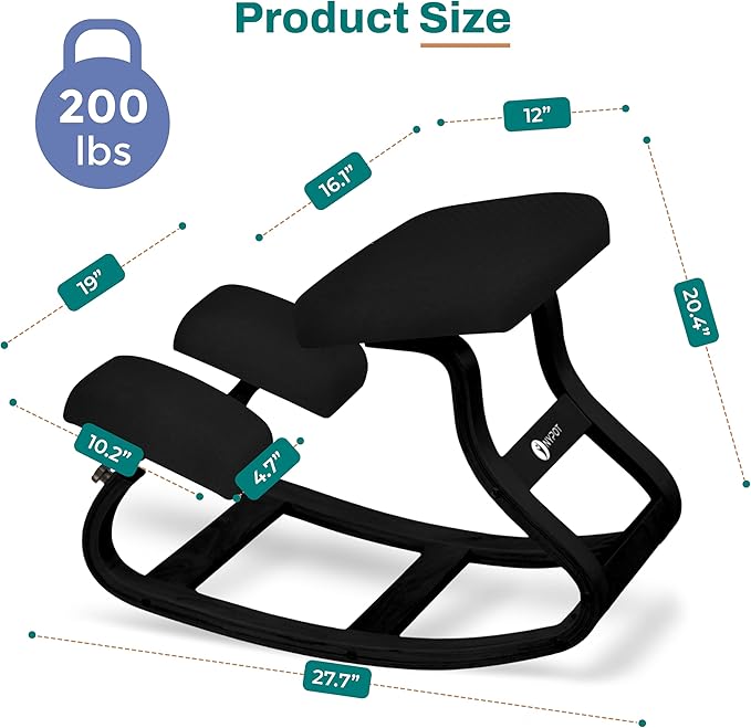 NYPOT Ergonomic Kneeling Chair with Adjustable Seats - Knee Chair for Posture Correction & Kneel Rocking Stool for Desk - Back Pain Relief and Support for Home and Office - Modern Total Black