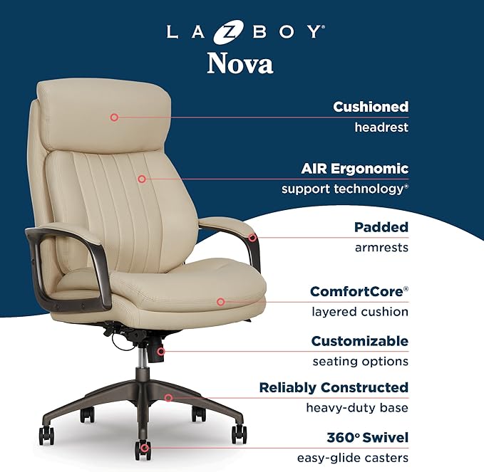 La-Z-Boy Nova Executive Office Chair - Ergonomic High Back Desk Chair with AIR Lumbar Support - Comfortable Computer Chair for Home Office - Vegan Leather - Cream
