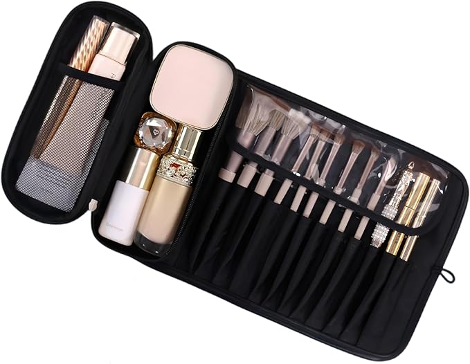 Luxury Leather Makeup Brush Case, Professional Cosmetic Organizer Roll Bag, Travel Storage for Home and Work (black)