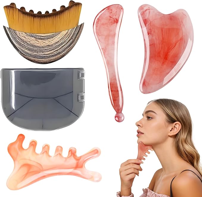 Lymphatic Contour Face Brush,Face Brush for Lymphatic Drainage,Guasha Brush for Face with 3-Piece Gua Sha Set for Face, Ergonomic Daily Dry Brush for Drainage with Bian Stone Gua Sha Facial Tools
