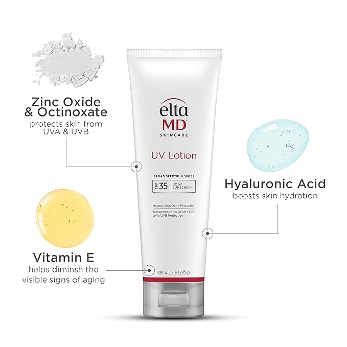 EltaMD UV Lotion Body Sunscreen, SPF 30+ Sunscreen, Body Lotion with SPF Made with Zinc Oxide and Hyaluronic Acid, 8.0 oz Pump