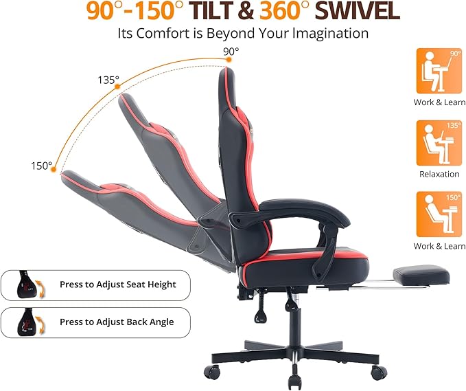 Office Chair Breathable Leather with Pocket Spring Cushion, Wide and High Ergonomic Computer Gaming Chair with Headrest and Footrest for Adult and Teen, Black and Red