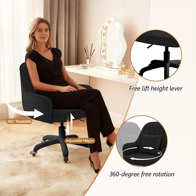Home Office Chair Velvet Vanity Chairs Makeup Desk Chair with Wheels Mid Back Computer Chairs Height Adjustable Swivel Rolling Task Chair for Living Room, Bedroom, Office