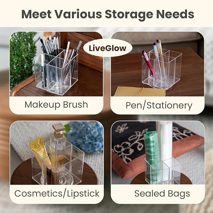 Clear Makeup Brush Holder,Acrylic Rotating 360°Makeup Brush Organizer,Pen holder with 4 Grids,Makeup Holder for Courtup,Containers for Desk,1pc