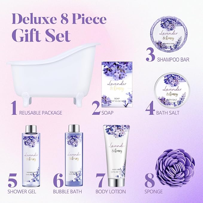 Body & Earth Bath and Body Gift Set - 8 Pcs Lavender Spa Baskets for Women, Spa Kit for Women, Birthday, Holiday, Anniversaries, Mother's Day Gifts for Her, Mom, Wife, Girlfriend