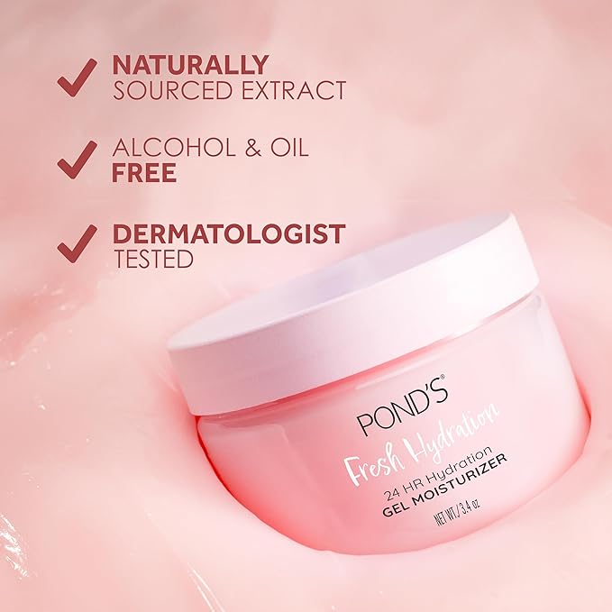 POND’S Fresh Hydration Gel Moisturizer – 24 HR Hydration with Watermelon Extract & Antioxidants – Alcohol & Oil-Free Face Moisturizer – Dermatologist Tested, 3.4 oz