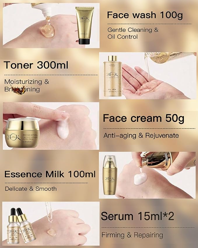 24K Gold Skin Care Set for Women, 6-Piece Collection Anti-Aging Skincare Kit: Facial Cleanser 100g, Toner 300ml, Essence Milk 100ml, Face Cream 50g, 2 Serums 15ml for Valentine's Day, Mother's Day