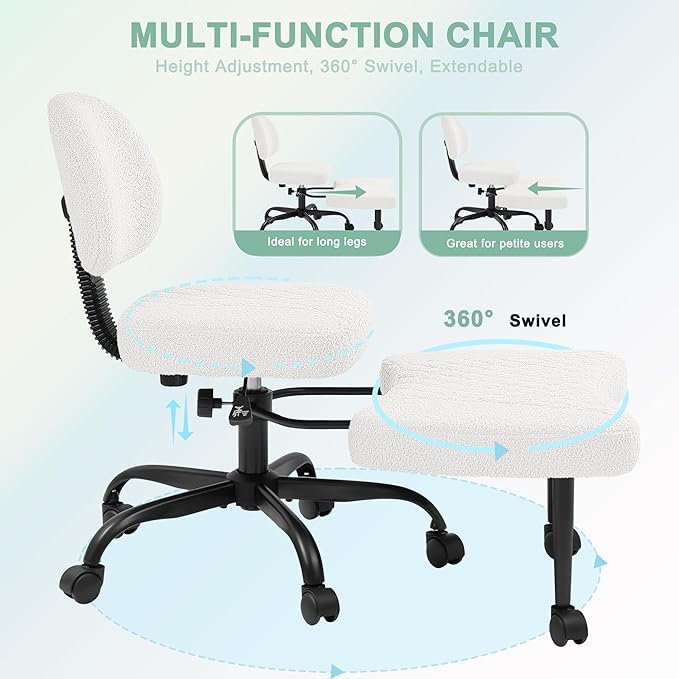 GUNJI Ergonomic Criss Cross Legged Office Chair, 360° Swivel Meditation Kneeling Chair with Wheels, ADHD Chair with Footrest, Lumbar Support, Wider Height Adjustable Seat (White, Teddy Fleece)