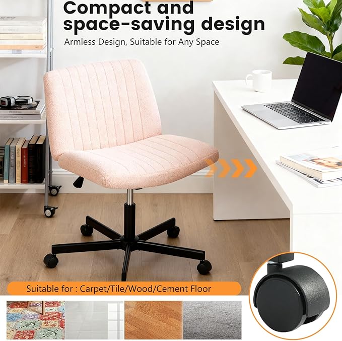 FDW Criss Cross Chair with Wheels Cross Legged Office Desk Modern Swivel Height Adjustable Wide Seat Computer Task Vanity Chair Comfy Fabric Armless Seating for Home Office