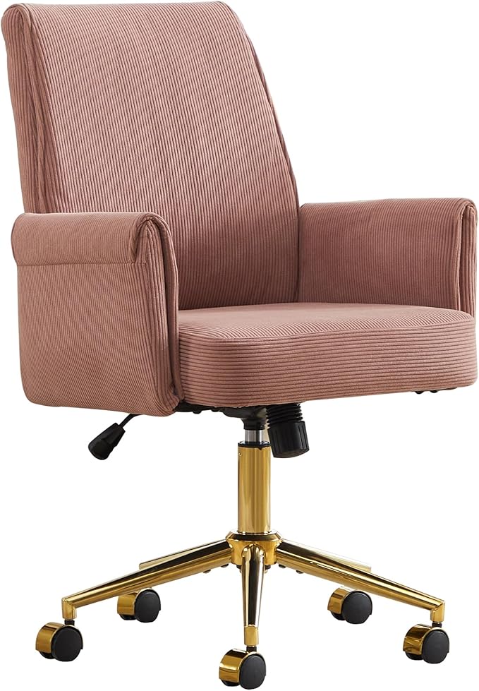 Stripes Velvet Home Office Desk Chair, Accent Upholstered Modern Height Adjustable Swivel Chair with Wheels,Ergonomic Task Chair for Living Room,Bedroom,Vanity,Study,Office（Pink）