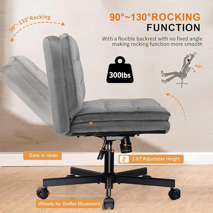 COMHOMA Cross Legged Office Chair with Wheels Armless-Office Desk Chair, Modern Vanity Computer Task Chairs for Home Bedroom, Comfortable Wide Seat for Lower Back Pain Relief, Soft Velvet, Gray