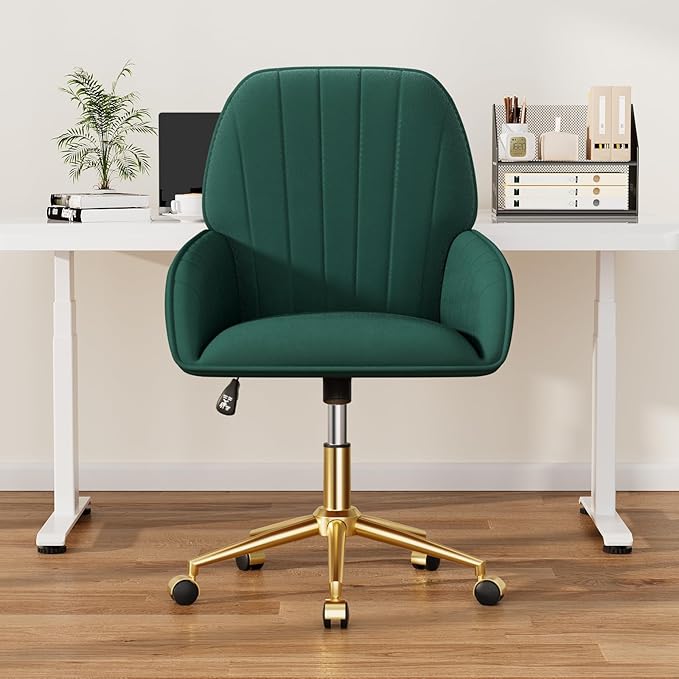 Home Office Desk Chair Comfy with Adjustable Swivel Wheels, Modern Velvet Makeup Vanity Chair with Back & Pillow, Ergonomic Office Chair Computer Task Chair for Living Room, Bedroom, Green