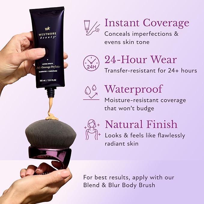 Westmore Beauty Body Coverage Perfector x Blend & Blur Body Brush Kabuki Brush - Waterproof Leg & Body Makeup - Tattoo Cover Up Makeup - 7 Oz Warm Radiance