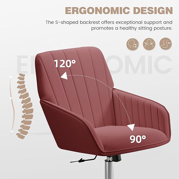 YISHENG Velvet Office Desk Chair with Silver Base, with Wheels,Modern Height Adjustable 360 Degree Swivel Upholstered Vanity Chairs with Arms for Living Room Bedroom,Rose